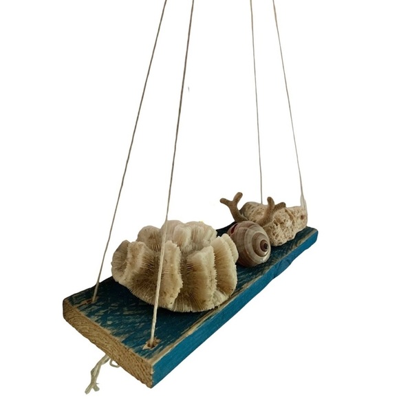 Rustic Distressed Nautical Blue Reclaimed Wood Hanging Wall Shelf - Picture 4 of 7